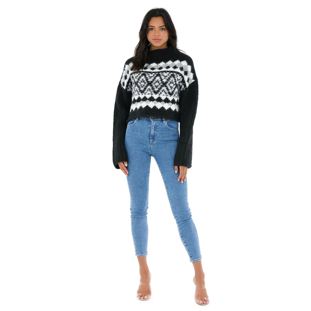 Nwt Free People Alpine Crop Mock Neck Sweater Onyx Combo L Black